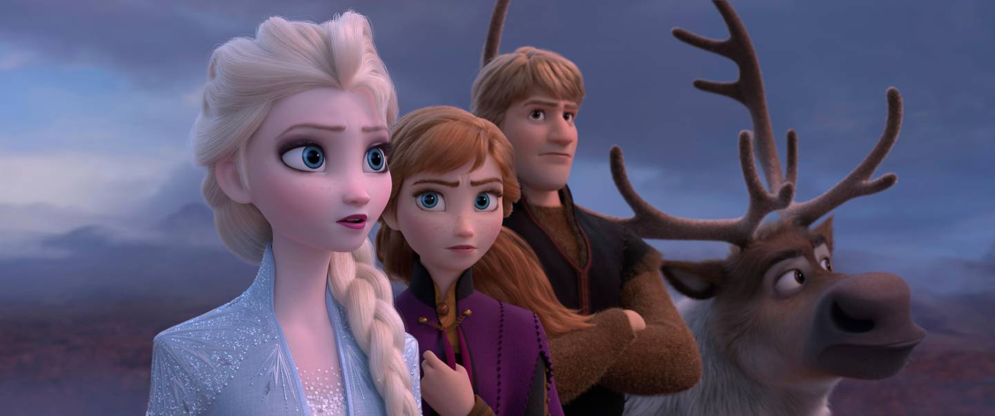 This image released by Disney shows Elsa, voiced by Idina Menzel, from left, Anna, voiced by Kristen Bell, Kristoff, voiced by Jonathan Groff and Sven in a scene from "Frozen 2." (Disney via AP)