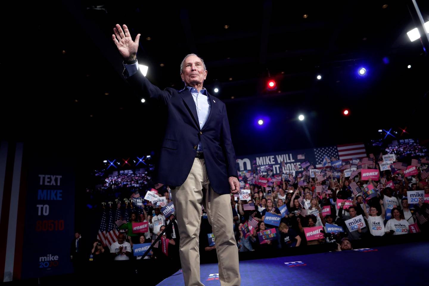 Democratic presidential candidate and former New York City Mayor Mike Bloomberg waves during a primary election night rally, Tuesday, March 3, 2020, in West Palm Beach, Fla. (AP Photo/Lynne Sladky)
