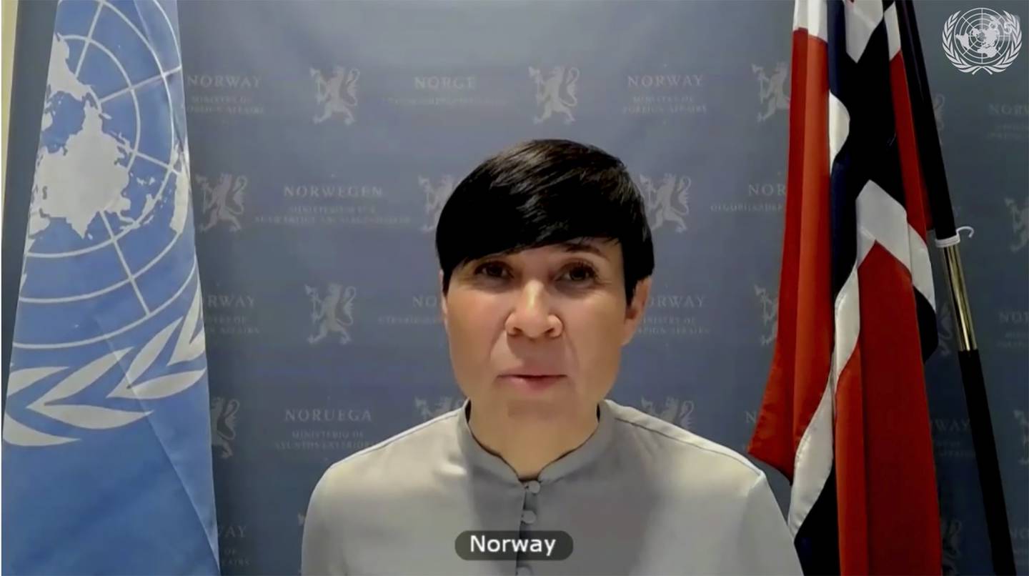 In this image made from UNTV video, Norway's Foreign Minister Ine Marie Eriksen Soreide speaks during a U.N. Security Council high-level meeting on COVID-19 recovery focusing on vaccinations, chaired by British Foreign Secretary Dominc Raab, Wednesday, Feb. 17, 2021. (UNTV via AP)