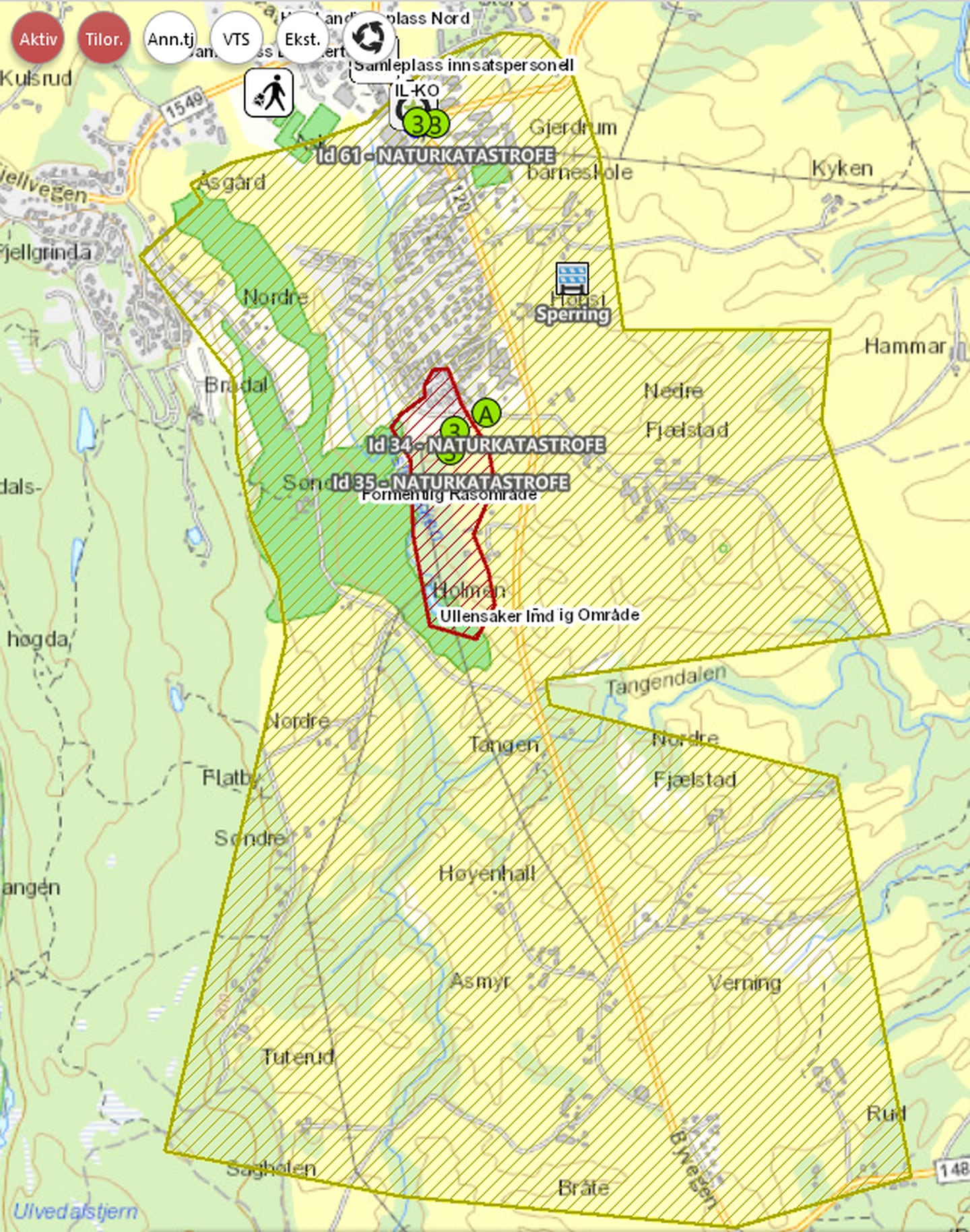 Alle som bor innenfor det skraverte (gule) området skal evakuere, og oppsøke evakuertsenteret.