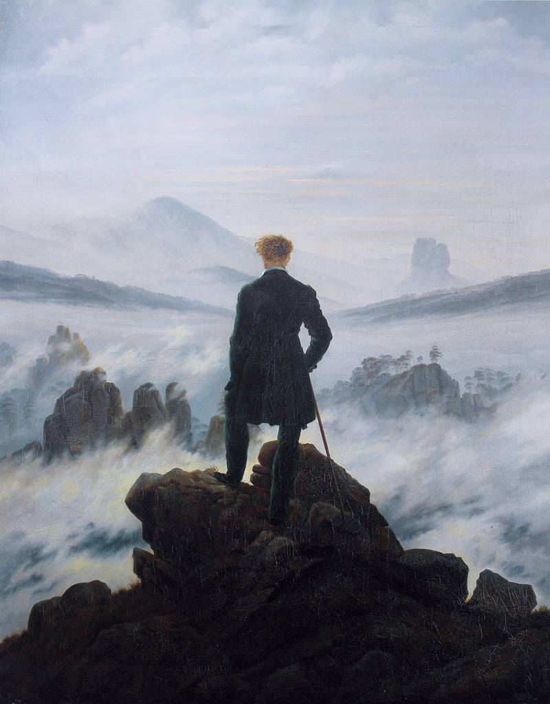 «Vandreren i tåkehavet» (1818) av den tyske romantikeren Caspar David Friedrich. Også her står en mann med ryggen vendt mot oss, men han skuer utover fjellheimen.