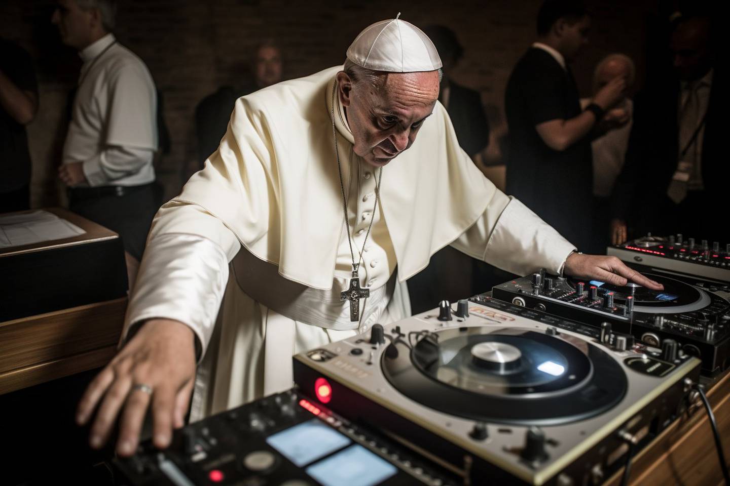 MIDJOURNEY: Pave Frans har blitt en yndet personlighet å lage datagenererte bilder av, her som DJ.