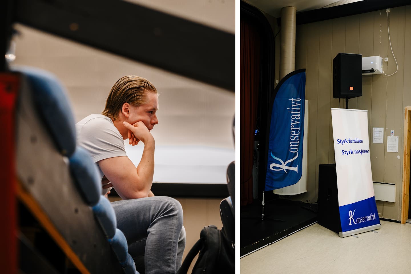 Mathias Reinhartsen (23) på Karmøy kulturhus. Møte arrangert av Konservativt og Truls Olufsen-Mehus.
