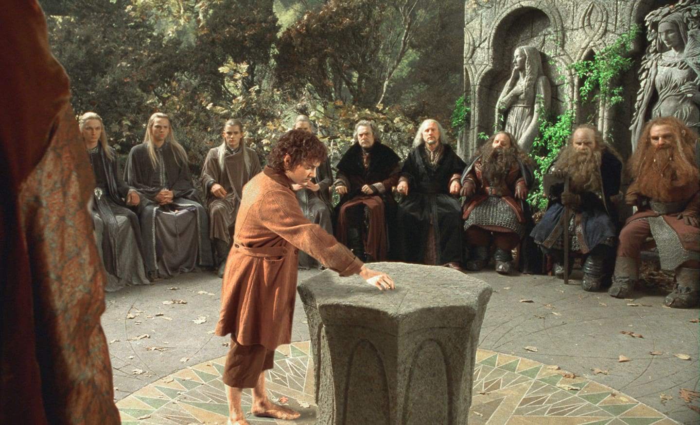 TO GO WITH STORY TITLED OSCAR OUTLOOK--Actor Elijah Wood, center, as Frodo, addresses the Council of Elrond about the fate of Middle-Earth in this promotional photo for New Line Cinema's adventure movie, "The Lord of the Rings: The Fellowship of the Ring." The first part of J.R.R. Tolkien's fantasy trilogy has gained acclaim as a serious candidate for an Oscar. (AP Photo/New Line Cinema)