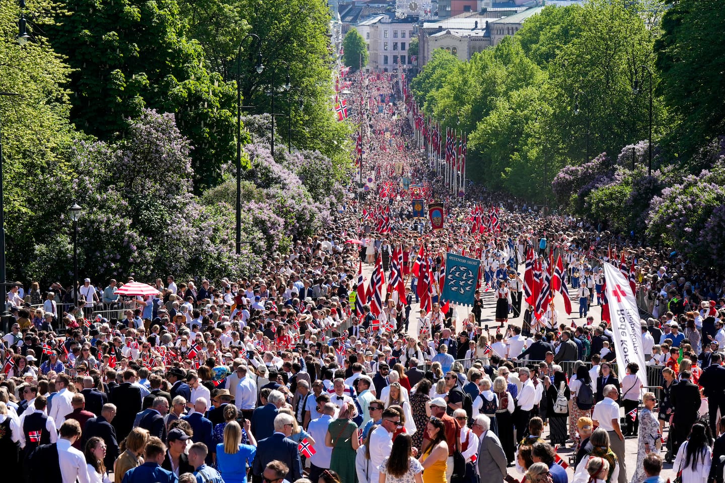 Rundt en halv million mennesker befinner seg i Oslo sentrum på nasjonaldagen. Avbildet er barnetoget, der 119 barneskoler går i tog opp mot slottet. Foto: Heiko Junge / NTB