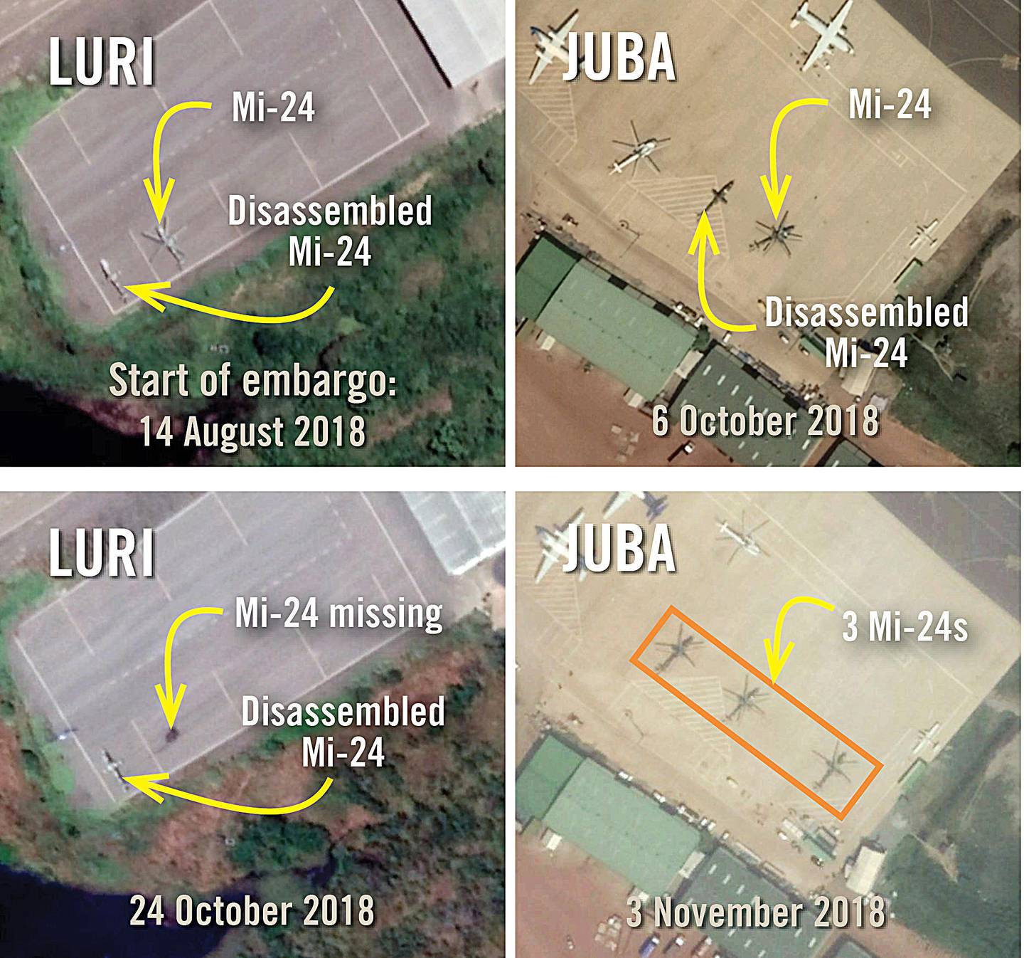 Ulike satellittbilder viser hvordan myndighetenes kamphelikoptre Mi-24 er blitt satt i stand og har vært på vingene, i strid med våpenembargoen.