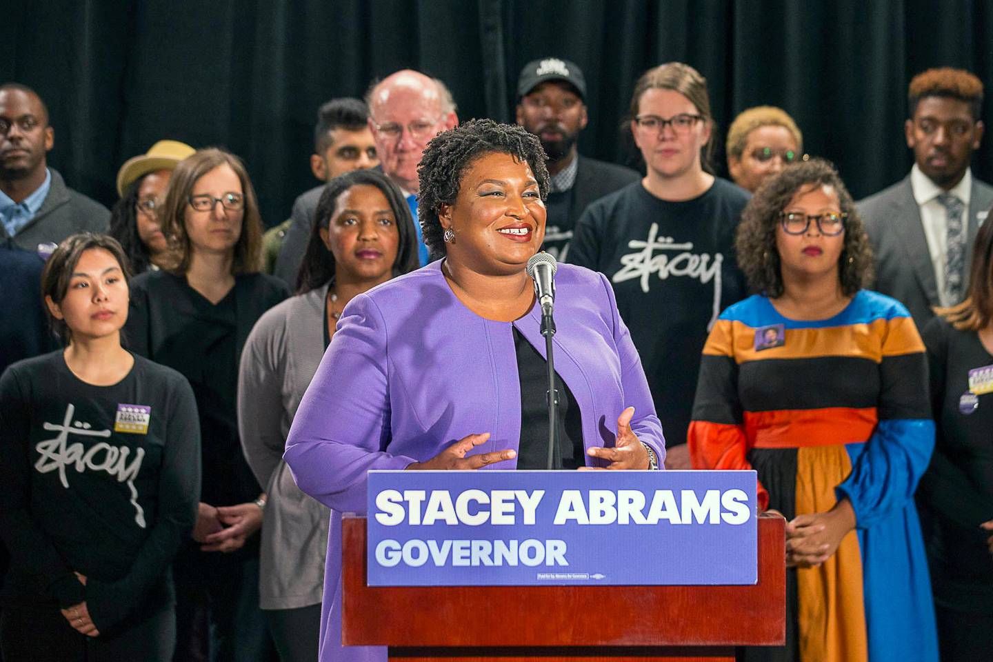 Georgia gubernatorial candidate Stacey Abrams makes remarks during a press conference at the Abrams Headquarters in Atlanta, Friday, Nov. 16, 2018. Democrat Stacey Abrams says she will file a federal lawsuit to challenge the "gross mismanagement" of Georgia elections. Abrams made the comments in a Friday speech, shortly after she said she can't win the race, effectively ending her challenge to Republican Brian Kemp. (Alyssa Pointer/Atlanta Journal-Constitution via AP)