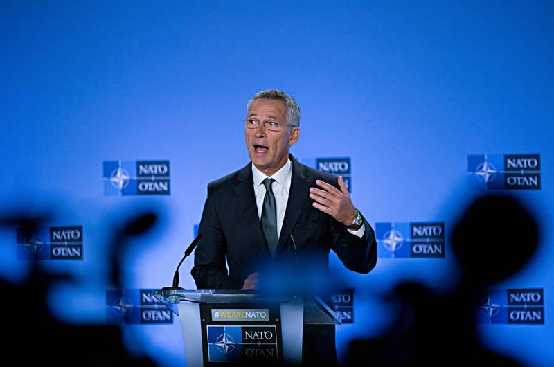 NATO Secretary General Jens Stoltenberg speaks during a media conference regarding the INF Treaty at NATO headquarters in Brussels, Friday, Aug. 2, 2019. (AP Photo/Virginia Mayo)