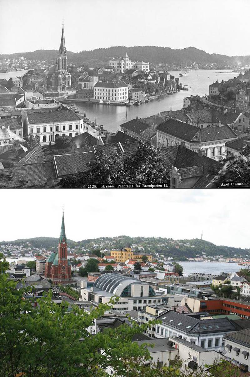 TREFOLDIGHETSKIRKEN 1888-2010: Kirken i Arendal er i dag omringet av store bygg. 