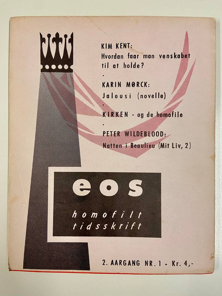 Forsiden av magasinet Eos. Bladet som ble startet i Danmark i 1958.  Originalene er å finne i Skeivt arkivs samlinger.