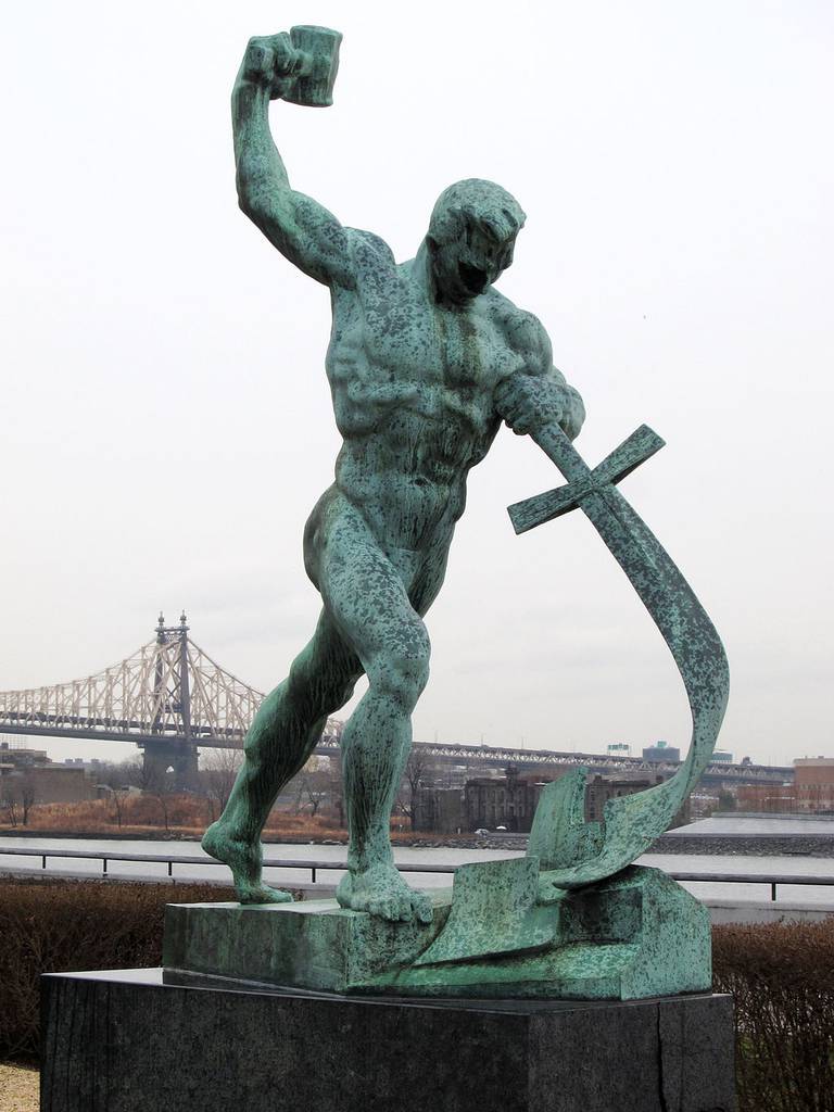 Let Us Beat Swords into Plowshares, sculpture by Yevgeny Vuchetich - 1959 gift of the Soviet Union to the United Nations - garden of the United Nations Headquarters in New York City
