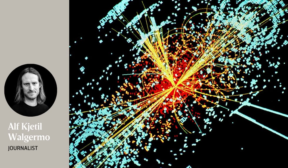 GUDSPARTIKKELEN: «Gudspartikkelen», som forklarer eksistensen av masse, blei påvist av forskarane ved CERN for ti år sidan. Illustrasjonen viser ei simulering av danninga av Higgs-bosonet.