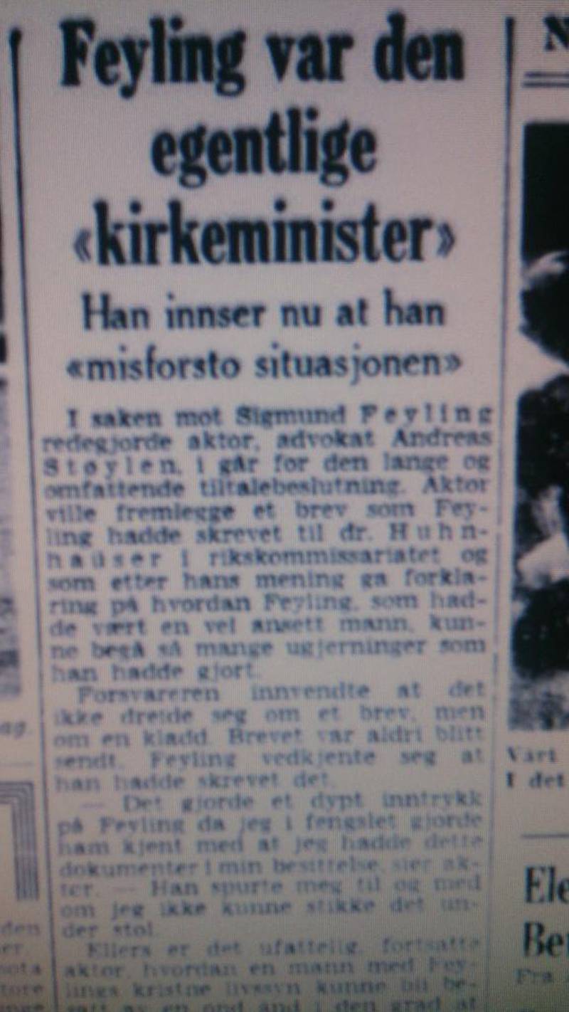 Rettsreferat: Aftenposten omtalte Sigmund Feyling som den egentlige kirkeministeren (under kirkeminister Ragnar Skancke).