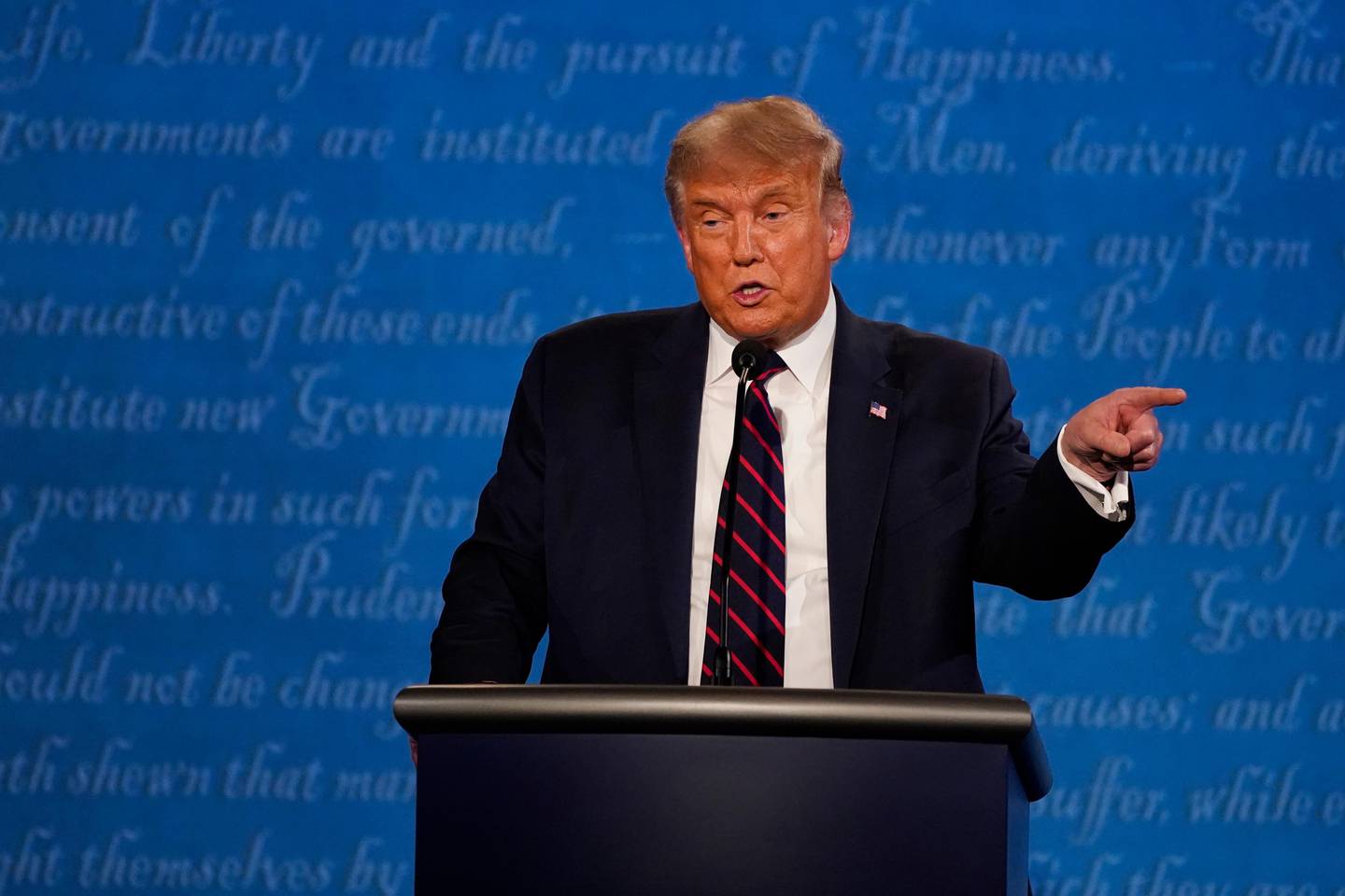 President Donald Trump speaks during the first presidential debate with Democratic presidential candidate former Vice President Joe Biden, Tuesday, Sept. 29, 2020, at Case Western University and Cleveland Clinic, in Cleveland, Ohio. (AP Photo/Julio Cortez)